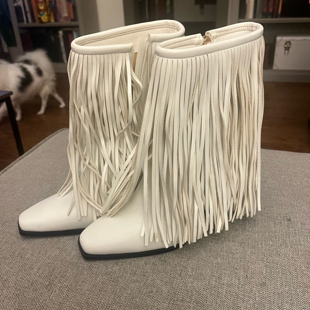 Fringe White Ankle Boots